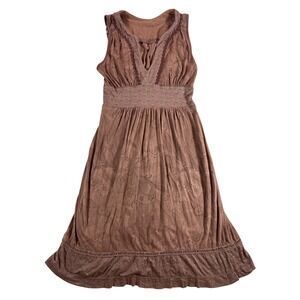 Language Los Angeles Brown Floral Boho Empire Waist Lace Trim Dress XS 594-094